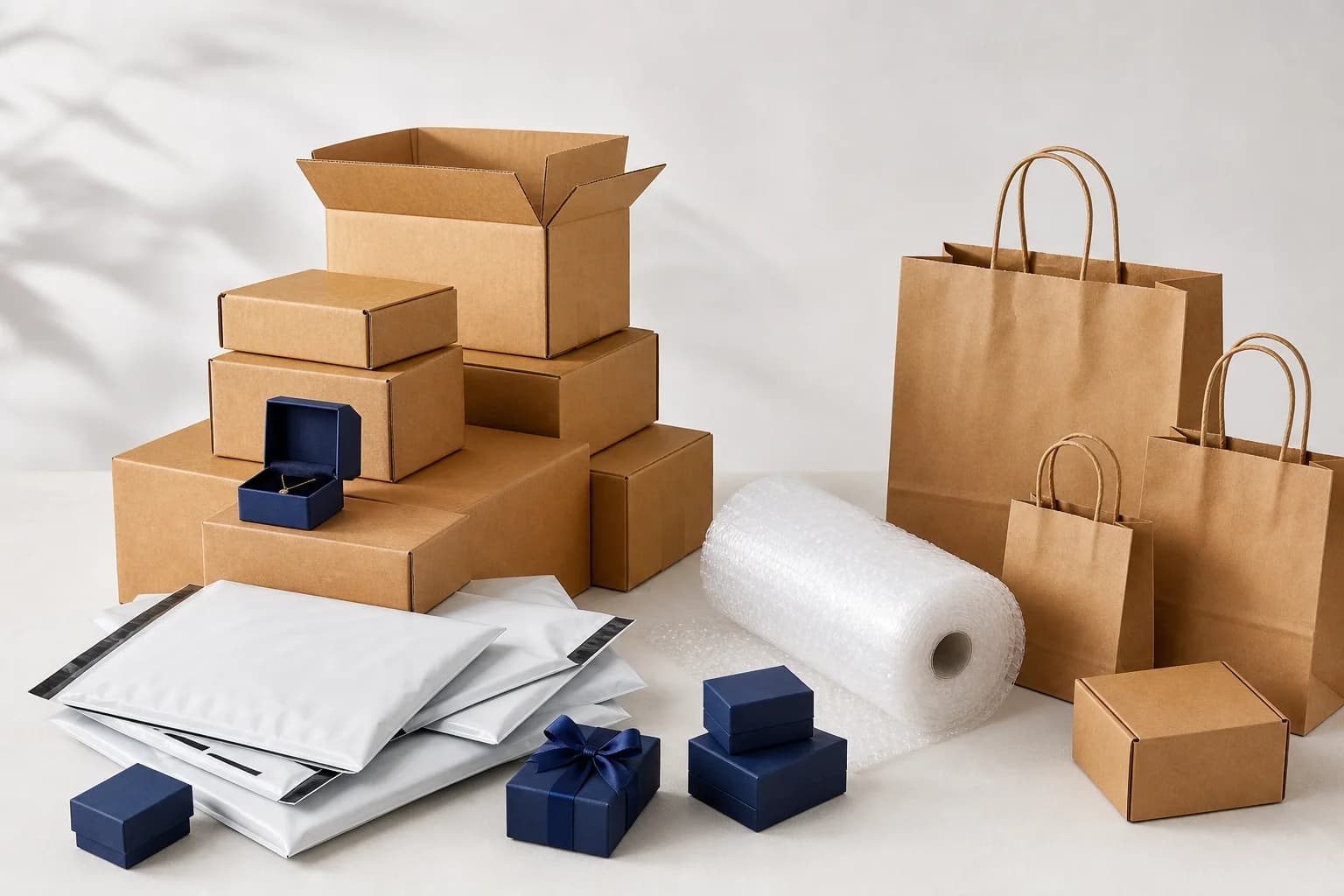 Wholesale packaging products — cardboard boxes, jewelry boxes, mailers, paper bags, and bubble wrap
